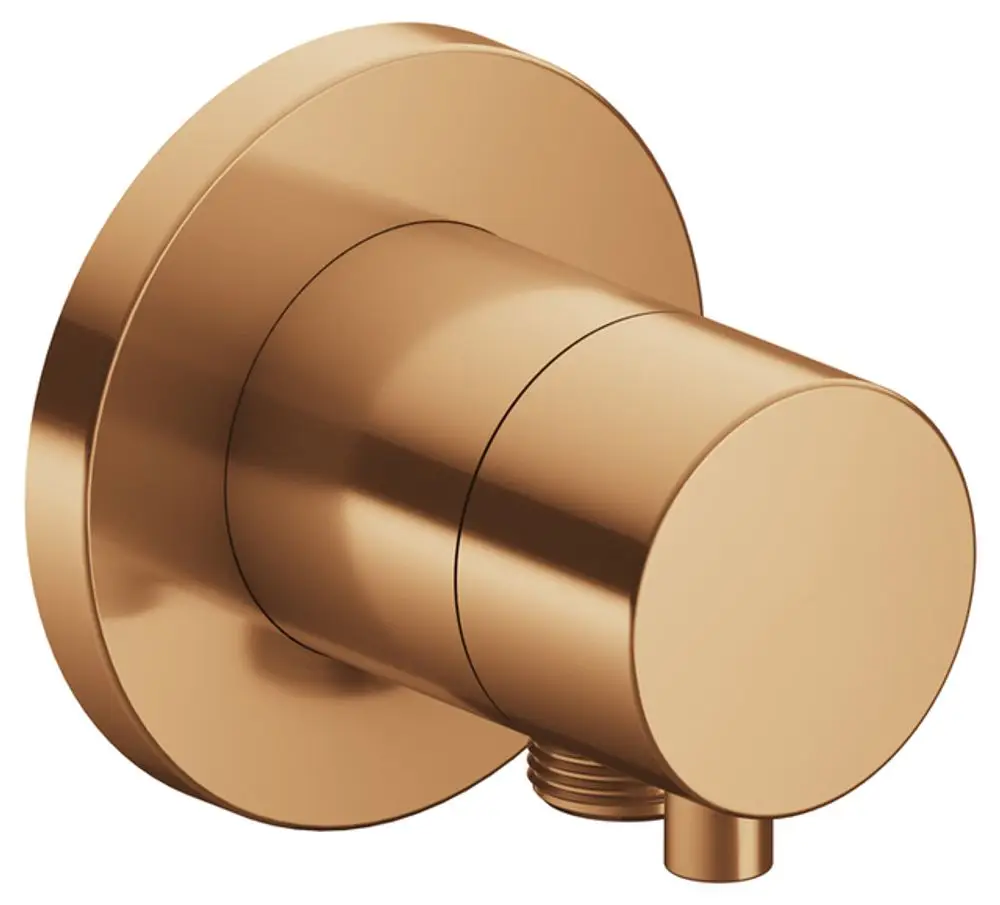 Runder Wandanschluss in gebürstetem Bronze-Finish von Keuco, mit einem Schlauchanschluss und einer einfachen, funktionalen Form.